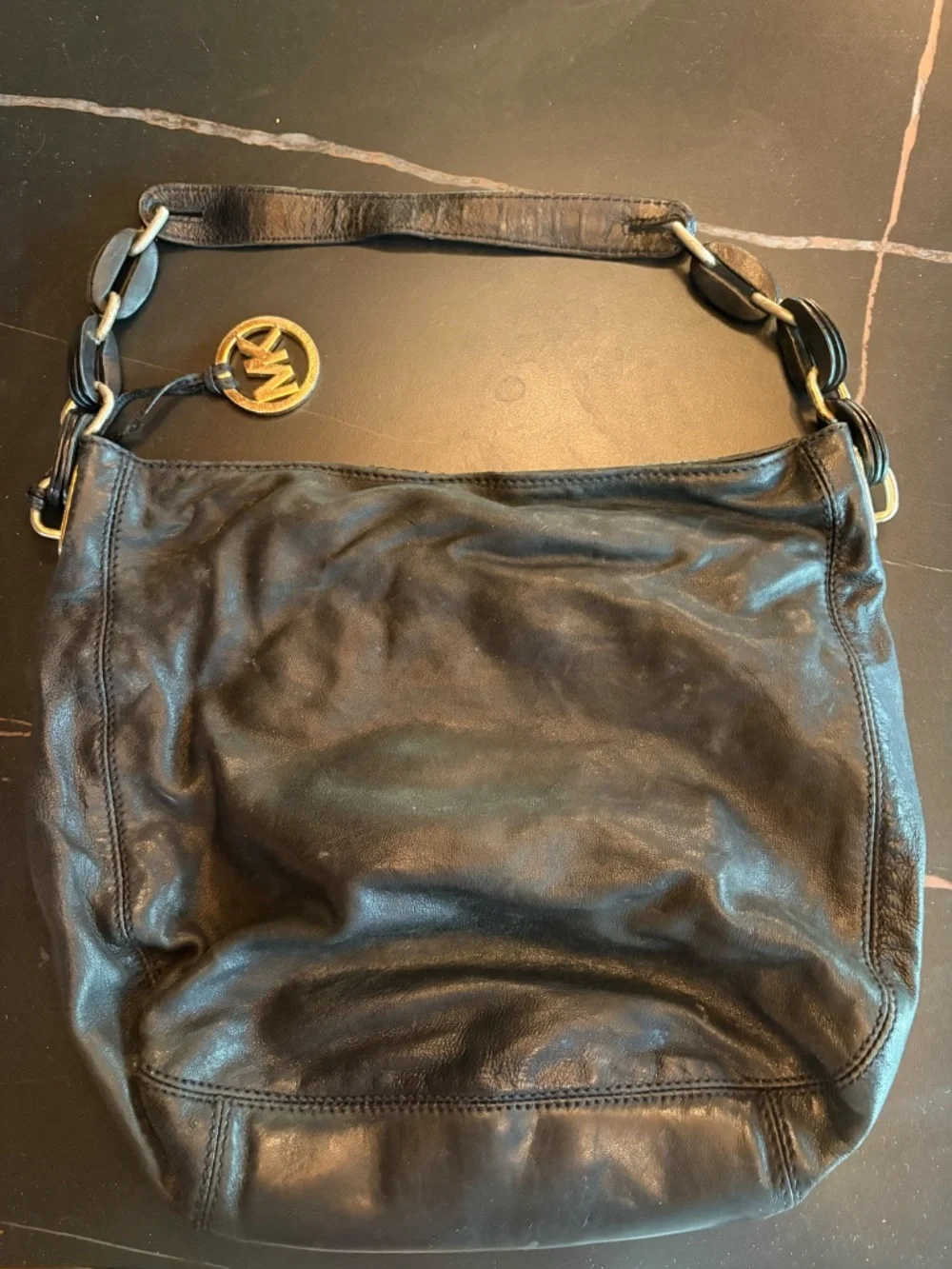 Garage Blowout Michael Kors Black Leather Hobo MK Charm As Is